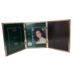 Triple Photo Frame Gold Tone Non Glare Glass VTG 8x10 Picture Tabletop Display